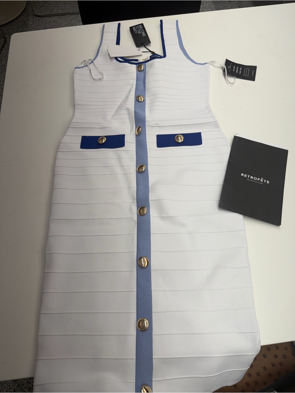 Retroféte White Dress with Blue Trim and Gold Buttons